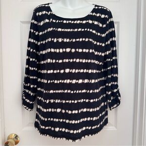 T by Talbots Women’s Medium Black Cream Shibori Stripe Boat Neck 3/4 Sleeve Top